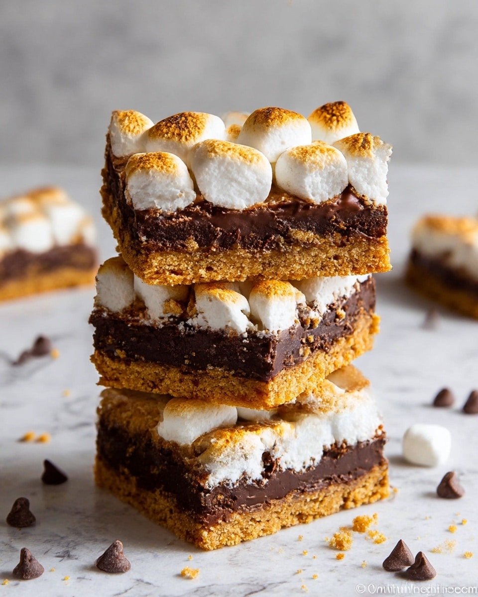 A stack of four layered dessert bars stands upright, each bar showing three clear layers: a bottom layer of crumbly, golden-brown graham cracker crust, a middle layer of thick, dark chocolate chunks with a slightly rough texture, and a top layer of toasted, light golden-brown marshmallows with a puffy, uneven surface. The bars are square-shaped, and crumbs and a few chocolate chips are scattered around them on a white marbled surface. Photo taken with an iphone --ar 4:5 --v 7