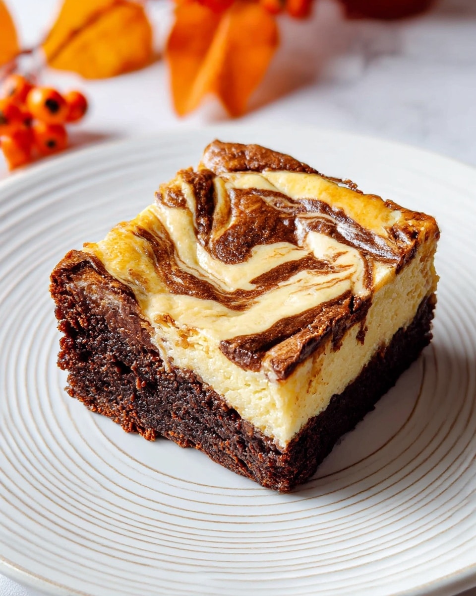 A single square piece of two-layered dessert sits on a white plate with subtle ring patterns. The bottom layer is dense and dark brown with a rich brownie texture, while the top layer is creamy and light yellow with swirls of chocolate running through it, creating a marble effect. The edges are slightly rounded, and the top has a glossy, smooth look. The plate rests on a white marbled surface with some soft orange autumn leaves and berries placed in the blurred background. Photo taken with an iphone --ar 4:5 --v 7
