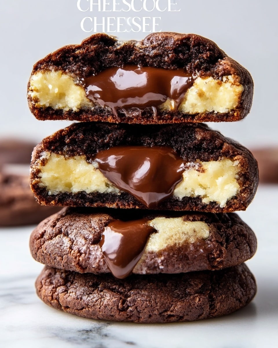 The image shows a close-up of three cheesecake cookies stacked on top of each other on a white marbled surface. Each cookie has three clear layers: a dark, rich chocolate outer layer with a slightly crumbly texture on the edges, a creamy, light yellow cheesecake layer in the middle with a soft texture, and a smooth, glossy layer of melted dark chocolate in the center that looks shiny and thick. The cookies have a dense and moist appearance with melted chocolate oozing from the middle, and they are well-lit to highlight the textures and colors clearly. Photo taken with an iphone --ar 4:5 --v 7