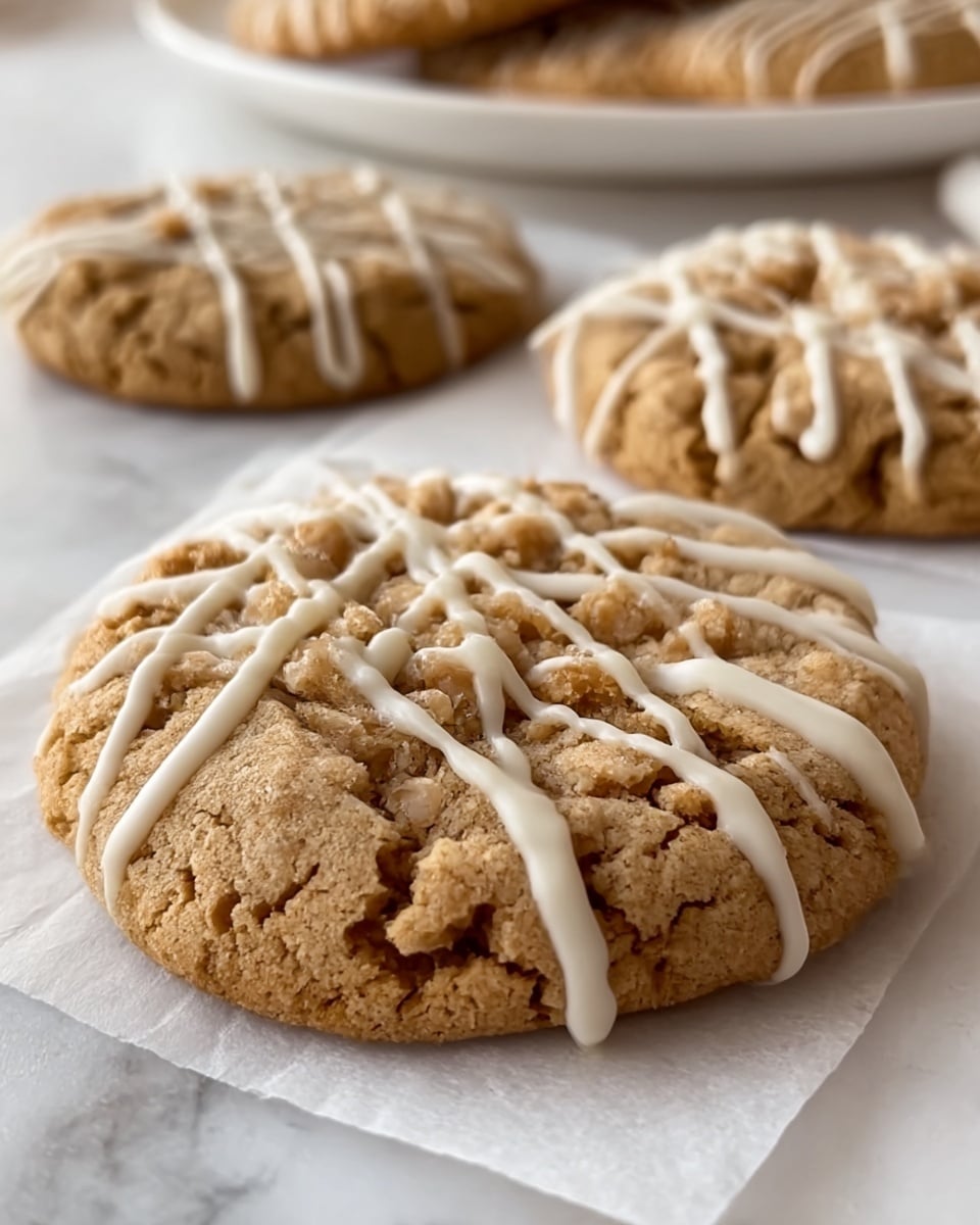 The image shows a close-up of a round, thick cookie with a rough and crumbly texture, colored light brown. The cookie is drizzled with thin white icing lines in a random pattern on top. Behind it, there are two more cookies with the same color and texture, also with white icing drizzle. The cookies rest on a white marbled surface with a piece of white paper underneath the closest cookie, and a white plate is blurred in the background holding more cookies. The overall look is soft and homemade. photo taken with an iphone --ar 4:5 --v 7
