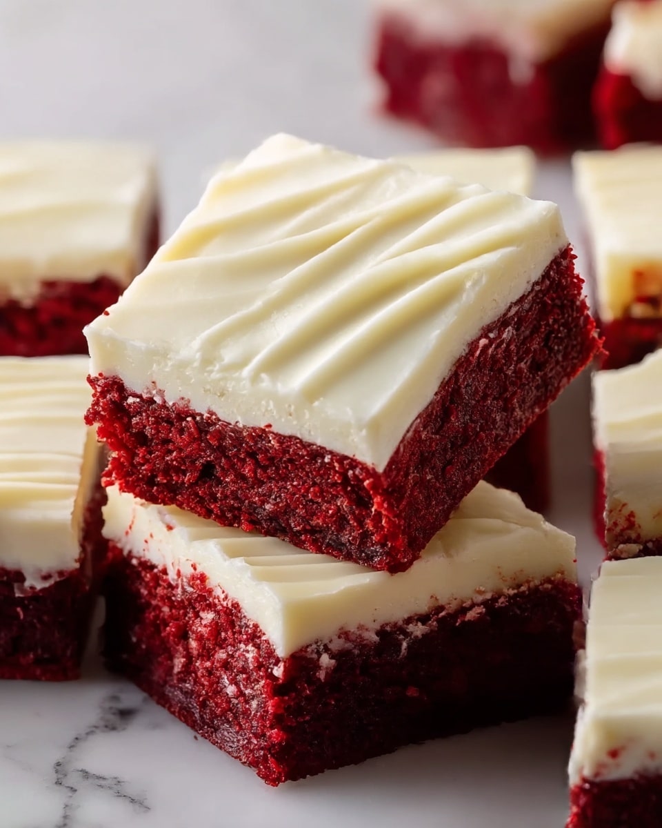 The image shows close-up square pieces of red velvet cake with two layers each: a thick, soft, and moist deep red cake layer on the bottom and a smooth, creamy white frosting layer on top, which has delicate wave patterns. One piece is placed slightly tilted on top of another flat piece, showing both the side and top. The background is a white marbled texture. photo taken with an iphone --ar 4:5 --v 7