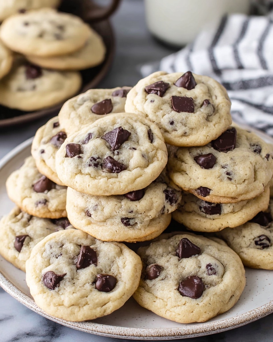 A stack of soft, round chocolate chip cookies arranged in two layers on a white plate with a slightly textured surface. The cookies have a light golden color with slightly darker edges, and dark brown chocolate chips scattered throughout. Each cookie shows a slightly cracked top texture with some larger chocolate chunks prominently placed on top. The plate is placed on a white marbled surface. In the blurred background, a cup with liquid and a piece of cloth with white and dark stripes can be seen. photo taken with an iphone --ar 4:5 --v 7