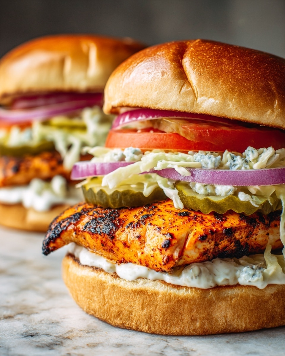 Two grilled chicken sandwiches sit on a dark textured surface. The sandwich in front has a toasted light brown bun with a shiny, slightly cracked top. The bottom bun holds a layer of thick white sauce, topped with a blackened, well-seasoned grilled chicken breast with a rich orange-red color. Above the chicken is a creamy, finely chopped cabbage slaw with white bits, then thin slices of light purple onion, a slice of red tomato, and two green pickle slices. The top bun lightly rests on the stack. The sandwich in the background is similar but slightly out of focus. photo taken with an iphone --ar 4:5 --v 7