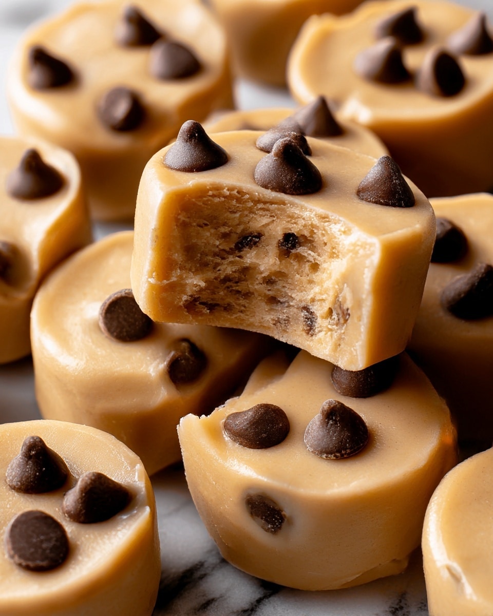 The image shows round, bite-sized peanut butter-colored treats with a smooth, creamy texture on the outside. Each piece has dark brown chocolate chips embedded on the top and sides, some slightly melted into the surface. One piece in the center has a bite taken out, showing a dense, chewy interior with a similar peanut butter shade and bits of chocolate throughout. The treats are closely stacked together on a surface with a white marbled texture, highlighting their glossy finish. photo taken with an iphone --ar 4:5 --v 7