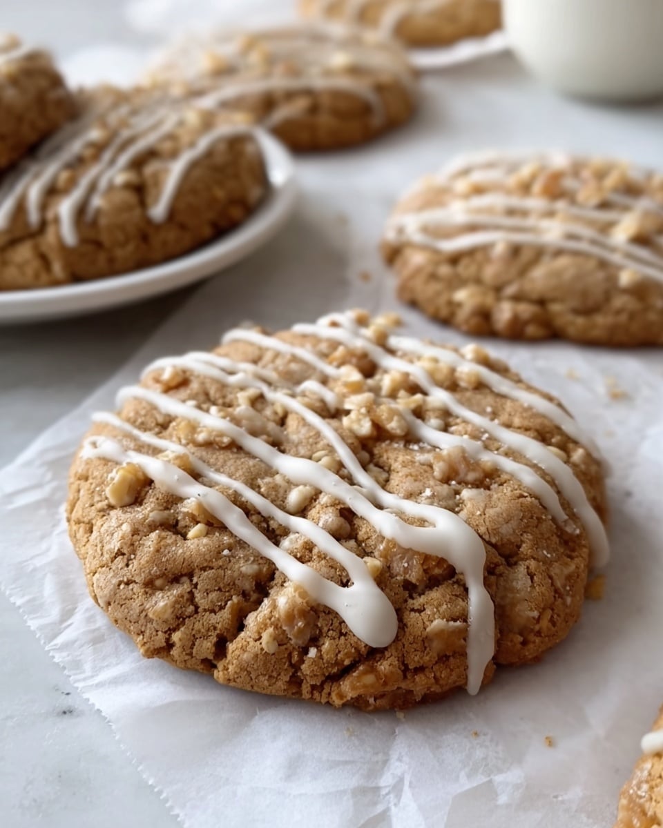 The image shows a close-up of a single large cookie in the foreground, golden brown with a rough, crumbly texture and small visible pieces that add a chunky look. The cookie has thin white icing drizzled in fine, uneven lines across its surface. Behind it, several more similar cookies, equally textured and iced, are placed on white parchment paper over a white marbled surface. A small white plate with more cookies is partially visible on the left side in the background, all placed on the same white marbled surface. The image is focused on the front cookie, with a soft, blurred background. photo taken with an iphone --ar 4:5 --v 7