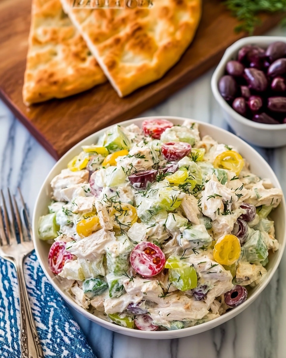 The image shows a white bowl filled with a creamy tzatziki chicken salad that includes chopped pieces of chicken, green and yellow pepper rings, halved cherry tomatoes, black olives, and finely chopped herbs mixed in a white creamy dressing. Behind the bowl, two pieces of golden brown flatbread rest on a wooden board, and to the right, there is a white bowl filled with dark olives. The setting includes a white marbled surface, and part of a blue and white striped cloth is visible near the bottom. A silver fork is placed beside the bowl of salad. Photo taken with an iphone --ar 4:5 --v 7