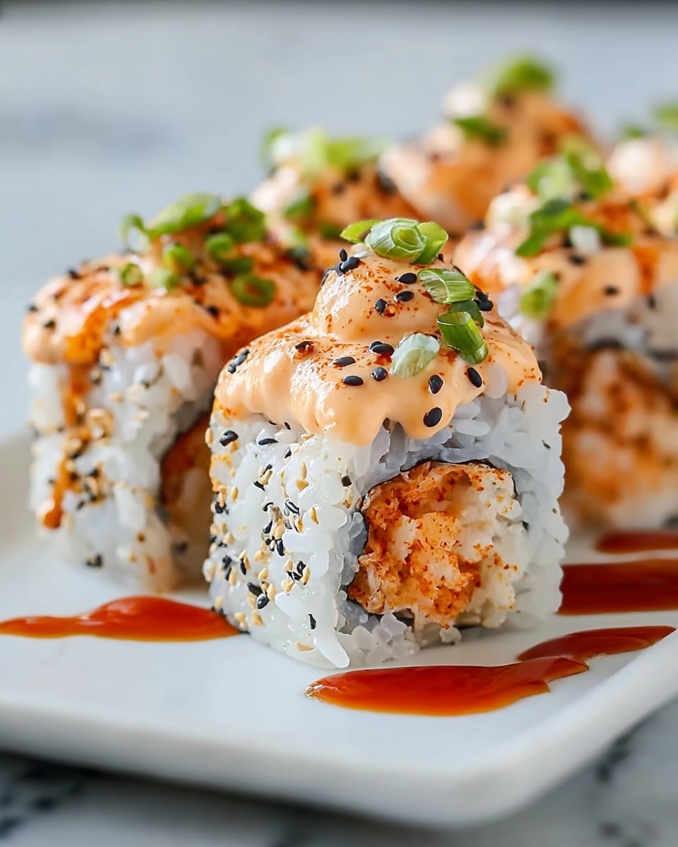 A close-up view of a sushi roll placed on a white rectangular plate on a white marbled surface. The sushi roll has three main layers: the outer layer of white sticky rice speckled lightly with black sesame seeds, the middle dark layer of seaweed wrapping, and the inner filling of orange shredded seafood mixed with a creamy sauce. On top, there is a generous dollop of light orange spicy mayo mixed with small black sesame seeds and thinly chopped fresh green onions, with a drizzle of reddish-brown spicy sauce running over the top and pooling slightly on the plate. photo taken with an iphone --ar 4:5 --v 7