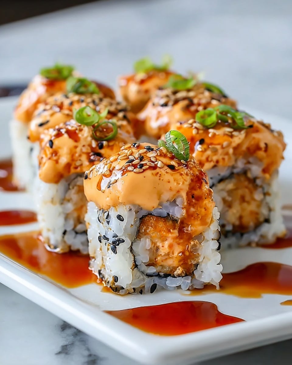 A close-up of four sushi rolls arranged in a row on a white rectangular plate placed on a white marbled surface. Each roll has a base layer of white rice sprinkled with black sesame seeds, wrapped around a dark seaweed layer, and filled with an orange-colored mixture. The top layer is an orange creamy sauce with a slightly shiny, smooth texture, drizzled with a glossy brown sauce. Small green onion slices are sprinkled on top, adding fresh green color, and a few sesame seeds are scattered over the sauce. The sauce slightly pools on the plate around the rolls. photo taken with an iphone --ar 4:5 --v 7
