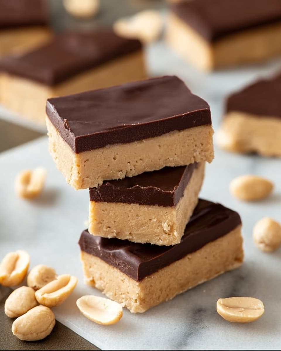 The image shows three stacked rectangular bars with two layers each; the bottom layer is thick and creamy light brown, while the top layer is a smooth, dark brown chocolate coating with a glossy finish. Surrounding the bars on a white marbled surface are several whole and halved light beige peanuts. In the background, more bars with the same two-layer structure are laid out, some topped with whole peanuts. The focus is on the stacked bars, highlighting their dense texture and shiny chocolate layer. Photo taken with an iphone --ar 4:5 --v 7