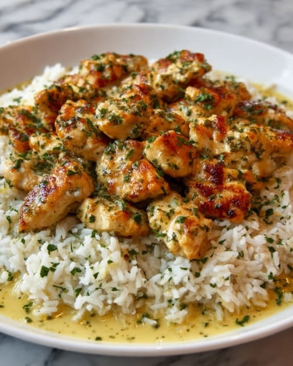 The dish shows a white plate filled with a base layer of cooked white rice, fluffy and soft, with small green herb pieces mixed throughout. On top of the rice is a layer of golden-brown cooked chicken pieces, slightly charred with a crispy texture. These chicken pieces are scattered evenly and covered with a light sauce that has a creamy yellow color, pooling gently around the rice. The dish is garnished with finely chopped green herbs sprinkled over the chicken and rice, adding a fresh look. The background is a white marbled surface. photo taken with an iphone --ar 4:5 --v 7