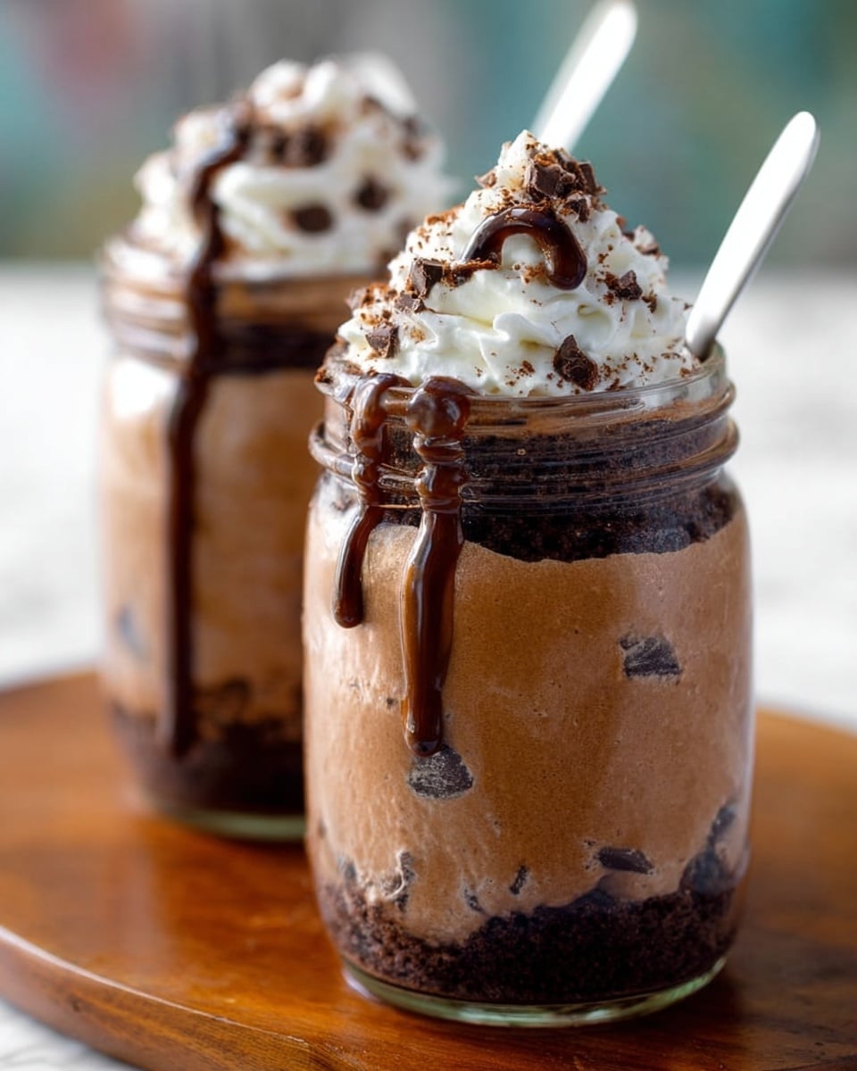 Two glass jars filled with a layered dessert are shown on a wooden table. Each jar has a thick bottom layer of light brown chocolate mousse with dark chocolate chunks mixed inside. Above this is a darker, almost black, crumbly chocolate layer that clings to the sides of the jar. The dessert is topped with a swirl of white whipped cream, drizzled with a shiny dark chocolate sauce that slightly drips down the side of the jar. A white spoon is placed inside each jar. The background is blurred with a soft mix of colors, and the surface underneath the jars is a white marbled texture. photo taken with an iphone --ar 4:5 --v 7