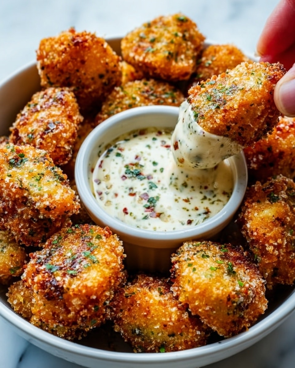 The image shows a white bowl filled with crispy golden brown fried snacks. Each piece has a rough, crunchy texture on the outside and is coated in small green herb flakes. In the center of the bowl, there is a small white cup with a creamy white sauce that has green and red specks. A woman's hand is dipping one of the fried pieces into the sauce. The background is a white marbled surface. Photo taken with an iphone --ar 4:5 --v 7