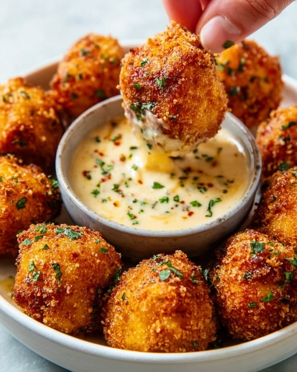 The image shows a round white bowl filled with golden brown fried cheese balls. Each cheese ball has a crispy, slightly rough texture with some green herbs sprinkled on top. One cheese ball is being dipped by a woman's hand into a creamy, light beige sauce with small green herb pieces. The background surface is a white marbled texture, making the colors of the cheese balls and sauce stand out clearly. photo taken with an iphone --ar 4:5 --v 7