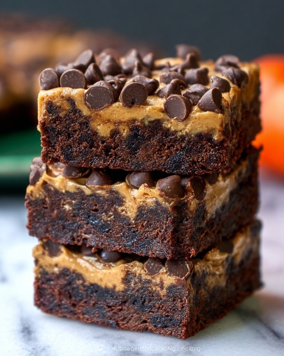 The image shows a close-up of a stack of three thick chocolate brownies with a peanut butter layer on top. Each brownie layer is rich and dark brown with a moist, dense texture. The top peanut butter layer is smooth and light brown, generously covered with dark chocolate chips, creating a textured, slightly bumpy surface. The brownies are stacked neatly one on top of the other, making a tall, rectangular block. The background is blurred but the surface is changed to a white marbled texture. Photo taken with an iphone --ar 4:5 --v 7