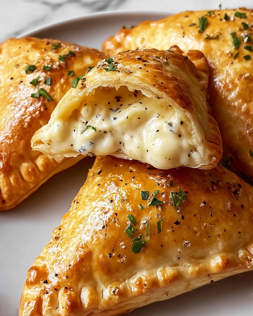 The image shows three golden-baked pockets with a shiny, smooth, and slightly crispy pastry crust. The front pocket is cut open, revealing a creamy white filling speckled with black pepper, with a soft, smooth texture inside. The top of each pocket is garnished with small green herb pieces. The pockets rest on a white plate, set against a white marbled texture background. photo taken with an iphone --ar 4:5 --v 7