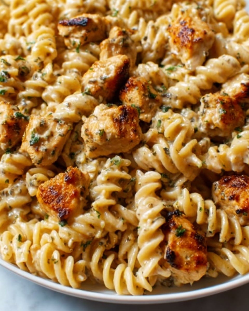 The image shows a close-up of a white plate filled with rotini pasta mixed with small pieces of cooked chicken. The pasta is light golden with a creamy sauce coating each spiral, while the chicken chunks are browned with slight grill marks and sprinkled with herbs. The texture looks soft on the pasta and slightly crispy on the chicken. The background is a white marbled surface. photo taken with an iphone --ar 4:5 --v 7