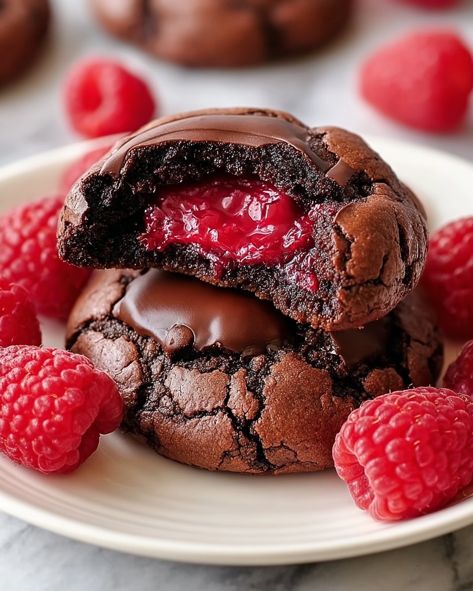 Two dark brown chocolate cookies with cracked glossy tops are stacked on a white plate. The top cookie is broken in half showing a bright red, juicy raspberry filling inside. Around the cookies are fresh whole raspberries with their textured surface. The plate rests on a white marbled surface. Photo taken with an iphone --ar 4:5 --v 7