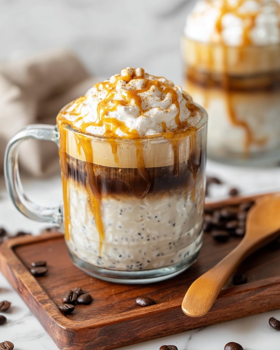 A clear glass mug filled with three visible layers: at the bottom, a creamy white layer with small black specks and caramel streaks running through it; in the middle, a thin dark brown coffee layer; and on top, a thick white whipped cream layer drizzled with golden caramel sauce and dusted with a light sprinkle of cinnamon powder. The mug is placed on a wooden board, surrounded by scattered dark coffee beans and a wooden spoon on the right side. In the background, there is a second similar glass mug blurred out. The whole setup is set on a white marbled texture surface. photo taken with an iphone --ar 4:5 --v 7