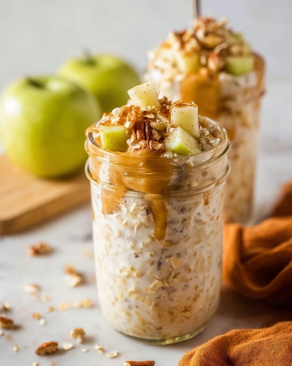 Two clear glass jars filled with a creamy beige overnight oats mixture containing visible small seeds and oatmeal pieces. Near the bottom inside the jars are small light chunks of apple, and the top layer is made up of chopped green apple pieces and crunchy nuts with a golden hue. The jars are placed on a white marbled surface with soft warm light highlighting the textures. To the left, four shiny green apples sit on a light wooden cutting board, and in the foreground, an orange cloth is draped casually. Photo taken with an iphone --ar 4:5 --v 7