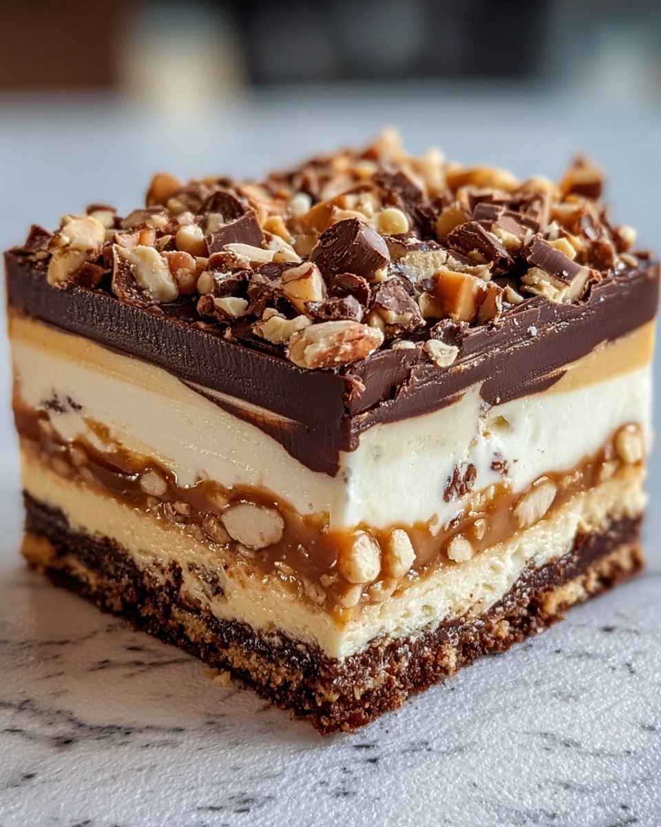 A square layered dessert with six clear layers sits on a white marbled textured surface. The bottom layer is a dark brown crumbly crust. Above it is a thin dark chocolate layer. The third layer is light cream colored with some chocolate pieces mixed in. The fourth layer is a caramel layer filled with crushed nuts or candies. The fifth layer is a thick creamy off-white layer with chocolate bits running through it. On top is a smooth, dark chocolate layer generously covered with chopped nuts and chocolate pieces, giving a rough, textured look. photo taken with an iphone --ar 4:5 --v 7