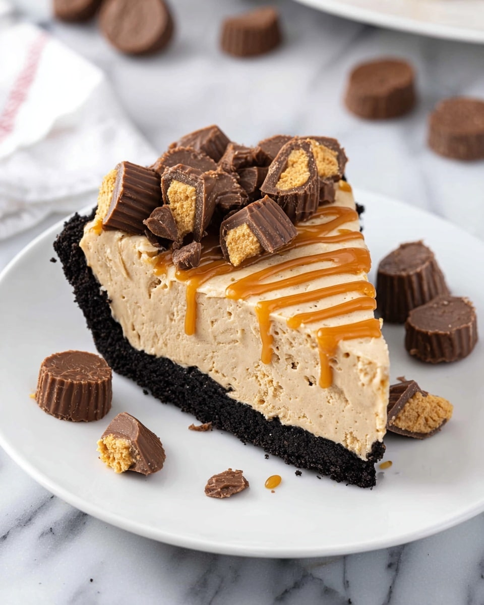A slice of pie with three distinct layers is shown on a white plate. The bottom layer is a dark, crumbly crust, almost black in color. Above it is a thick, creamy peanut butter filling with a smooth texture and light tan color. The top layer has a drizzle of caramel-colored sauce and is decorated with chopped peanut butter cups, both whole and halved, adding rich brown and nutty tan bits on top. Around the slice are a few whole peanut butter cups scattered on the plate. The background is a white marbled surface. photo taken with an iphone --ar 4:5 --v 7