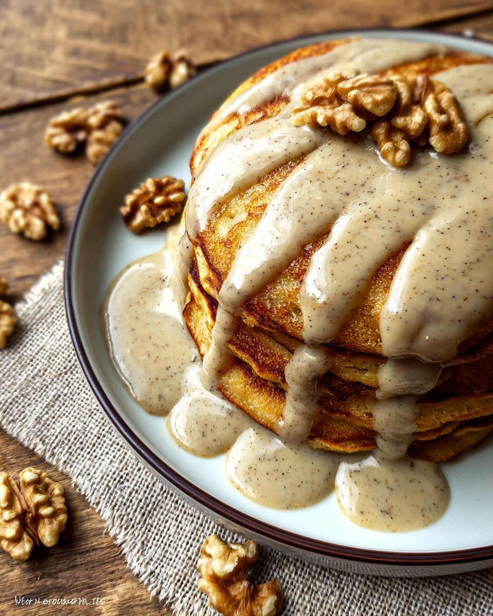 A stack of five thick, round pancakes with a golden-brown color sits centered on a white plate with a thin dark rim. The pancakes are covered by a generous layer of light beige, creamy sauce drizzled unevenly, showing its smooth texture and specks of spice. Around the plate, walnut halves are scattered on a textured beige fabric mat placed on a wooden surface. The photo is brightly lit, highlighting the shiny sauce and the soft texture of the pancakes. Photo taken with an iphone --ar 4:5 --v 7