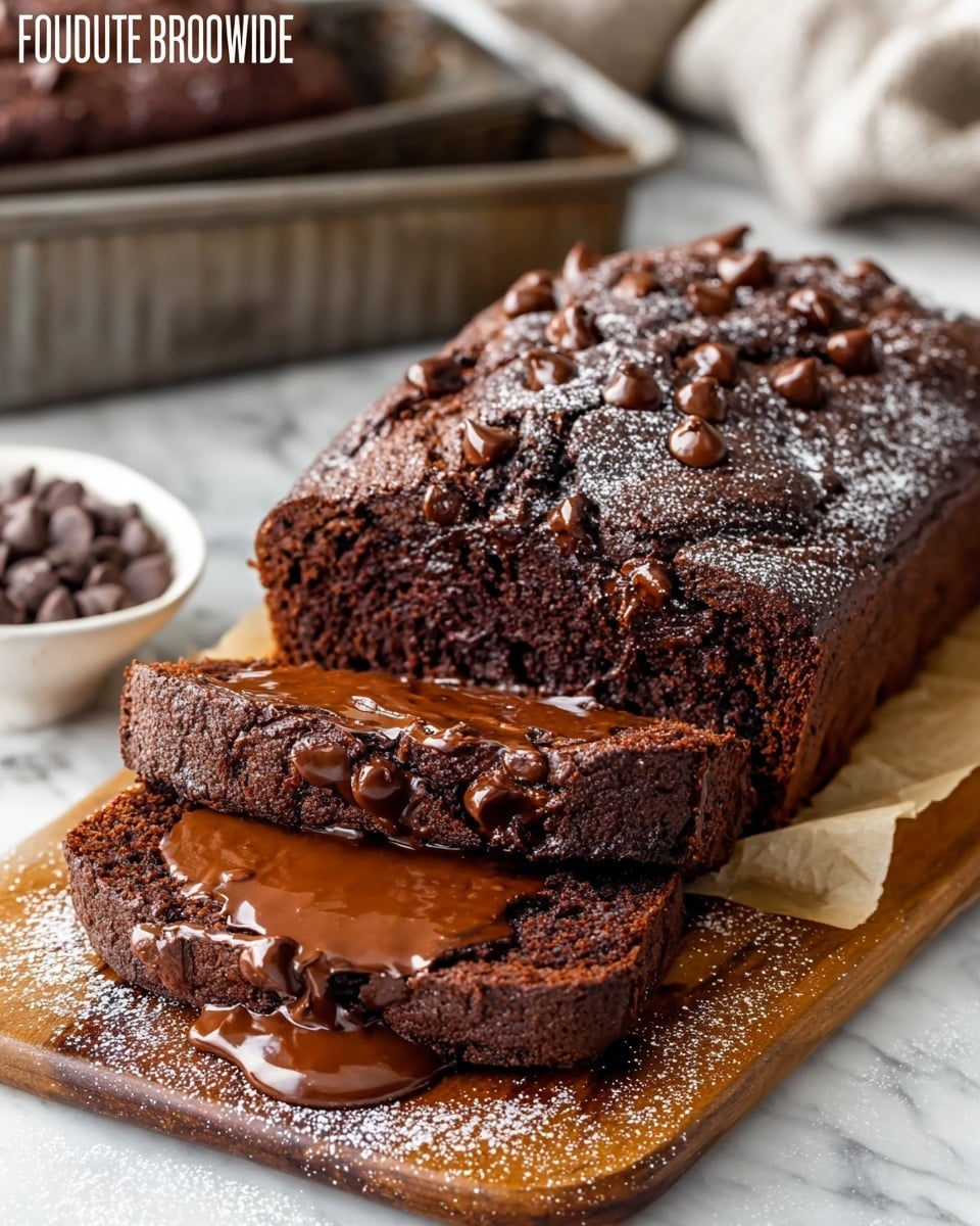 A dark brown, cracked brownie bread loaf sits on a wooden board lined with parchment paper, with two slices cut from the front. The top layer is slightly shiny and dripping with hot fudge sauce, which pools in small areas and on the wooden board. The top is also dotted with semi-sweet chocolate chips. The inside of the sliced pieces is dense and moist with a rich chocolate color, showing a fudgy texture. In the background, an uncut brownie loaf is in a metal pan on a white marbled surface, along with a white bowl filled with chocolate chips. Photo taken with an iphone --ar 4:5 --v 7
