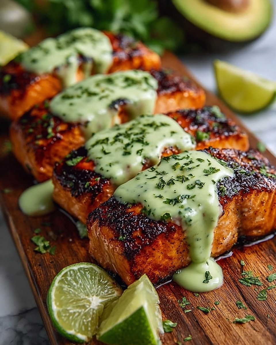 The image shows two rows of thick, grilled salmon pieces placed on a wooden board. Each piece of salmon has a dark brown, slightly charred crust with a juicy orange interior. A pale green creamy sauce is drizzled over the top of each salmon portion, decorated with small bits of chopped fresh herbs. On the side, there are two halves of a lime with a fresh and juicy inner texture. In the blurred background, a sliced avocado is visible. The dish sits on a white marbled surface. photo taken with an iphone --ar 4:5 --v 7