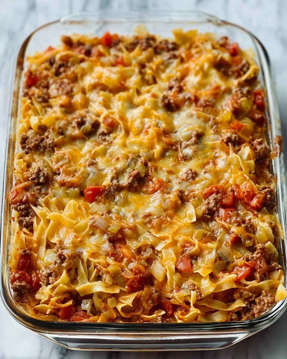 A clear glass baking dish filled with a layered casserole sits on a white marbled surface. The bottom layer is made of cooked ground beef mixed with diced tomatoes and small pieces of onions, showing a mix of brown, red, and white colors. On top of this is a layer of cooked flat pasta or noodles, pale yellow with a soft texture. The top layer is a melted golden cheese, covering the dish evenly with patches of browning. The edges of the casserole reveal the mixture of meat and pasta inside, making the dish look hearty and rich. Photo taken with an iphone --ar 4:5 --v 7