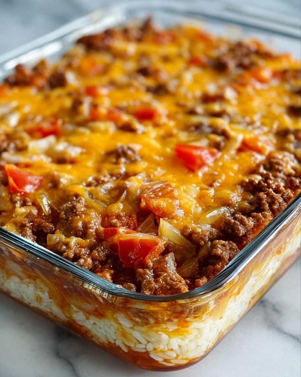 A clear glass baking dish filled with a layered casserole. The bottom layer looks like cooked white rice, topped with a layer of browned ground beef mixed with white onions and red tomato pieces. Above this is a thick layer of melted golden cheese covering the meat and vegetables, with some bubbly and slightly crispy spots on the surface. The dish is set on a white marbled surface, with warm lighting highlighting the textures of the melted cheese and cooked ingredients. Photo taken with an iphone --ar 4:5 --v 7