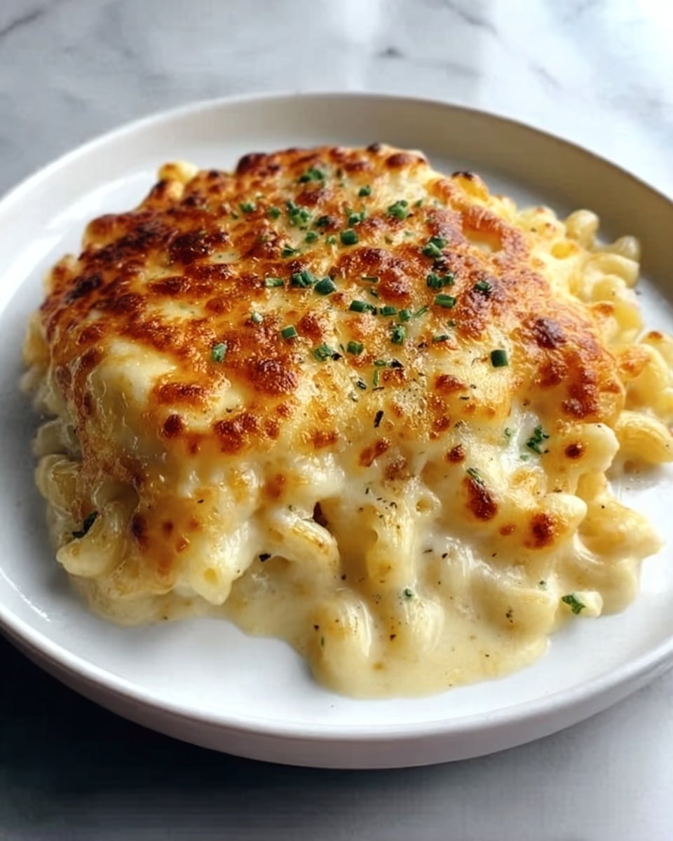 A white plate holds a creamy baked macaroni and cheese dish with a golden-brown, slightly crispy top layer that has browned spots and small bits of melted cheese. Underneath, the macaroni pasta is covered in a smooth, rich cheese sauce that is light yellow and slightly glossy. The macaroni shapes are visible beneath the sauce and cheese crust. There are small green herb sprinkles scattered on top for color. The plate is set on a white marbled surface. Photo taken with an iphone --ar 4:5 --v 7