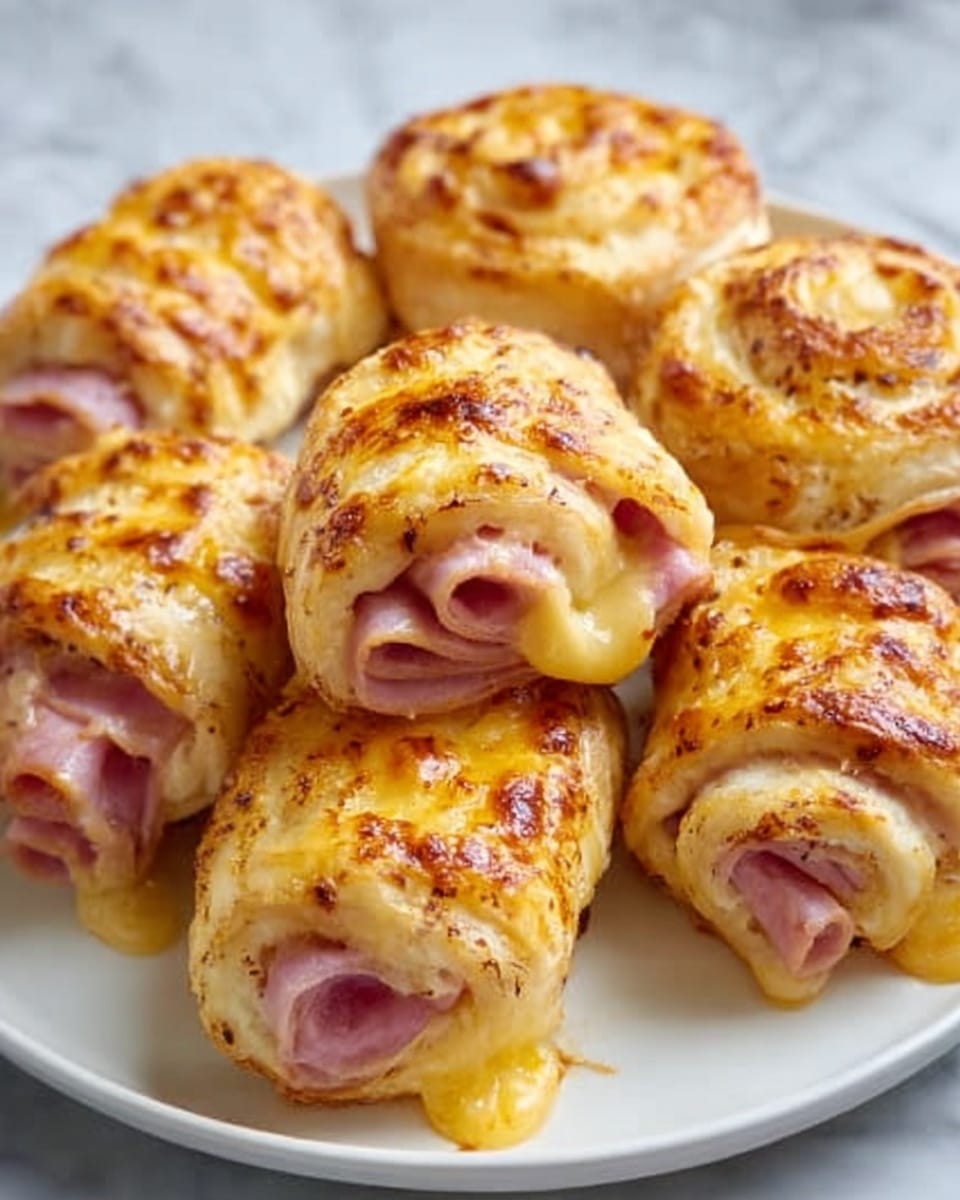 The image shows six golden-brown baked rolls arranged closely on a white plate. Each roll has layers with a texture that looks crispy and slightly bubbly. Inside, there are thin slices of pink ham wrapped with melted yellow cheese that oozes out a bit from the edges. The rolls have a slightly shiny surface with some browned spots, indicating they are cooked perfectly. The plate sits on a white marbled surface. photo taken with an iphone --ar 4:5 --v 7