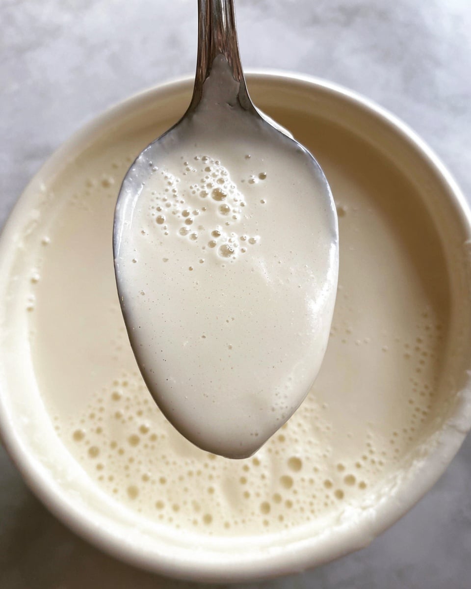 A close-up image showing a spoon filled with thick, creamy white sauce or batter with a smooth texture and small bubbles. The spoon hovers over a container filled with more of the same sauce or batter, which appears slightly textured with bubbles, giving it a light, airy look. The background is a white marbled texture. photo taken with an iphone --ar 4:5 --v 7