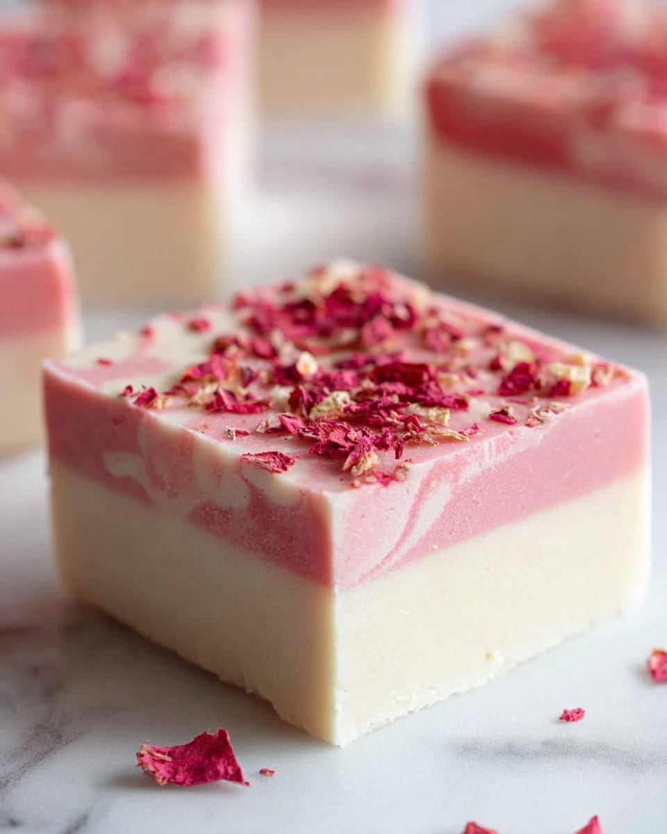 A close-up image of a square dessert bar with two layers: the bottom layer is creamy white and smooth, while the top layer is pink with a slightly marbled texture blending softly into the white layer below. The pink top layer is sprinkled with small, dried red fruit pieces, adding a rough texture to the smooth surface. The bar is placed on a white marbled surface, with another similar bar visible but out of focus in the background. photo taken with an iphone --ar 4:5 --v 7