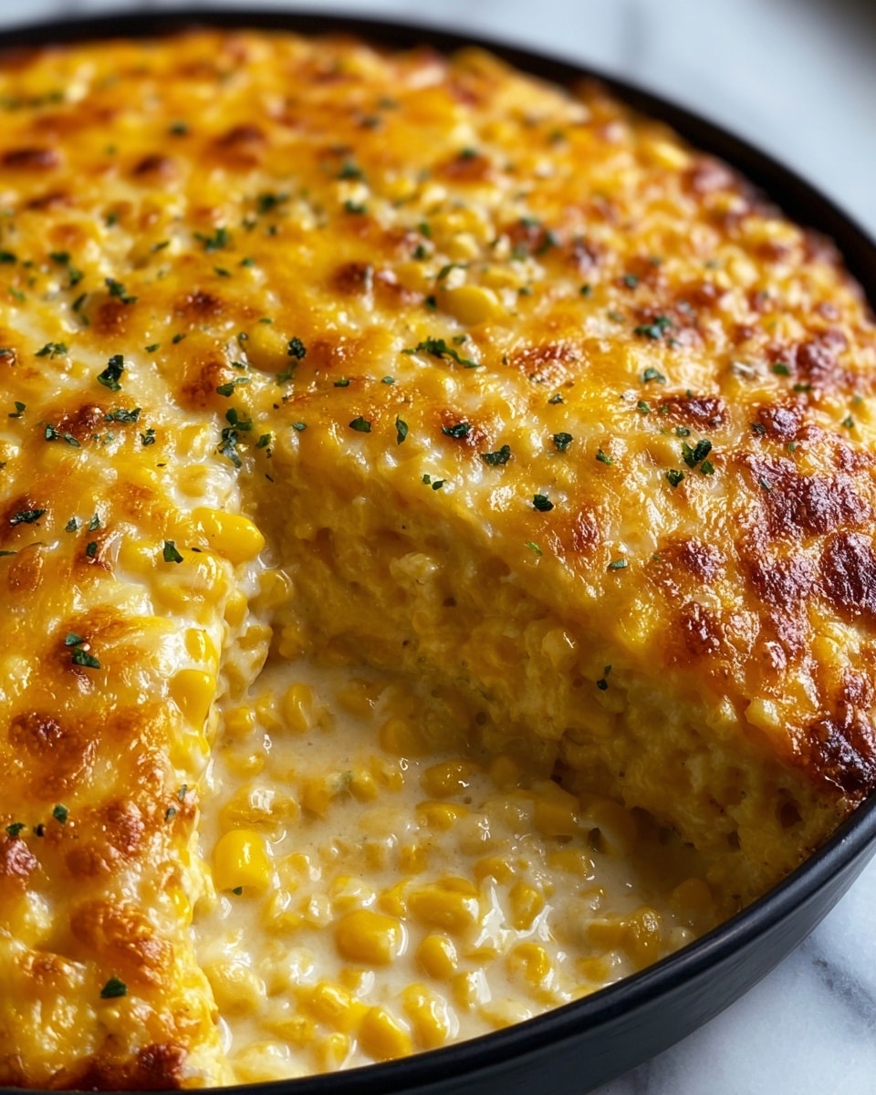 A close-up view of a creamy corn casserole in a round black dish showing two main layers: a thick bottom layer made of soft, creamy corn mixed with cheese creating a smooth and rich texture with visible yellow corn kernels, and a top layer of melted, golden-brown cheese with slightly toasted edges and sprinkled with small green herb bits. A section is cut out, exposing the creamy inside and the corn’s bright yellow color contrasting with the golden top. The dish sits on a white marbled surface. photo taken with an iphone --ar 4:5 --v 7