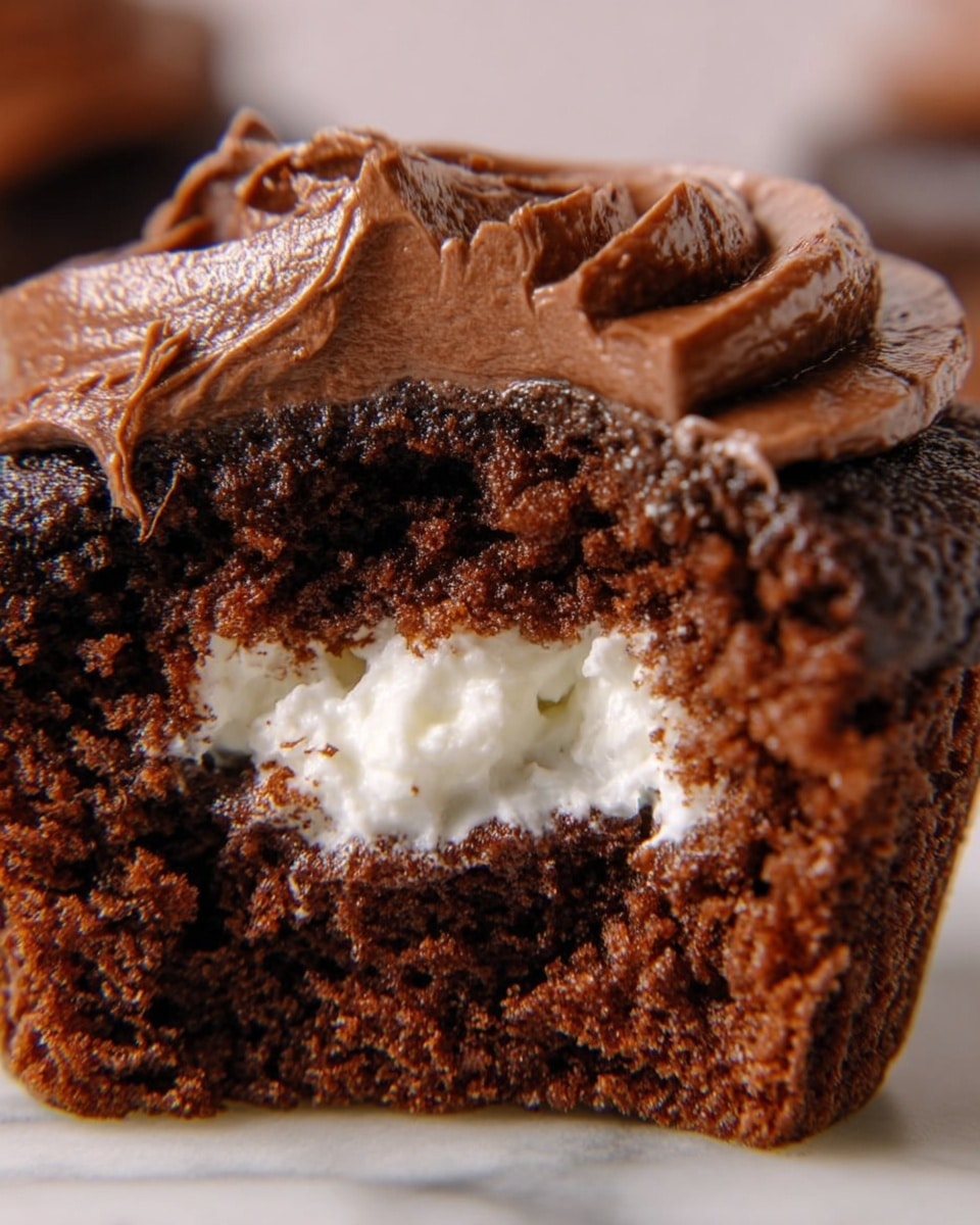 A close-up view of a chocolate cupcake with three main layers: the bottom layer is a moist, dark brown chocolate cake with a soft, crumbly texture; the middle layer is a smooth, creamy white filling, slightly melting into the cake; and the top layer is a thick swirl of rich, dark chocolate frosting with a glossy and slightly textured surface. The cupcake is shown against a soft white marbled background, highlighting the contrast between the dark chocolate and white filling, photo taken with an iphone --ar 4:5 --v 7