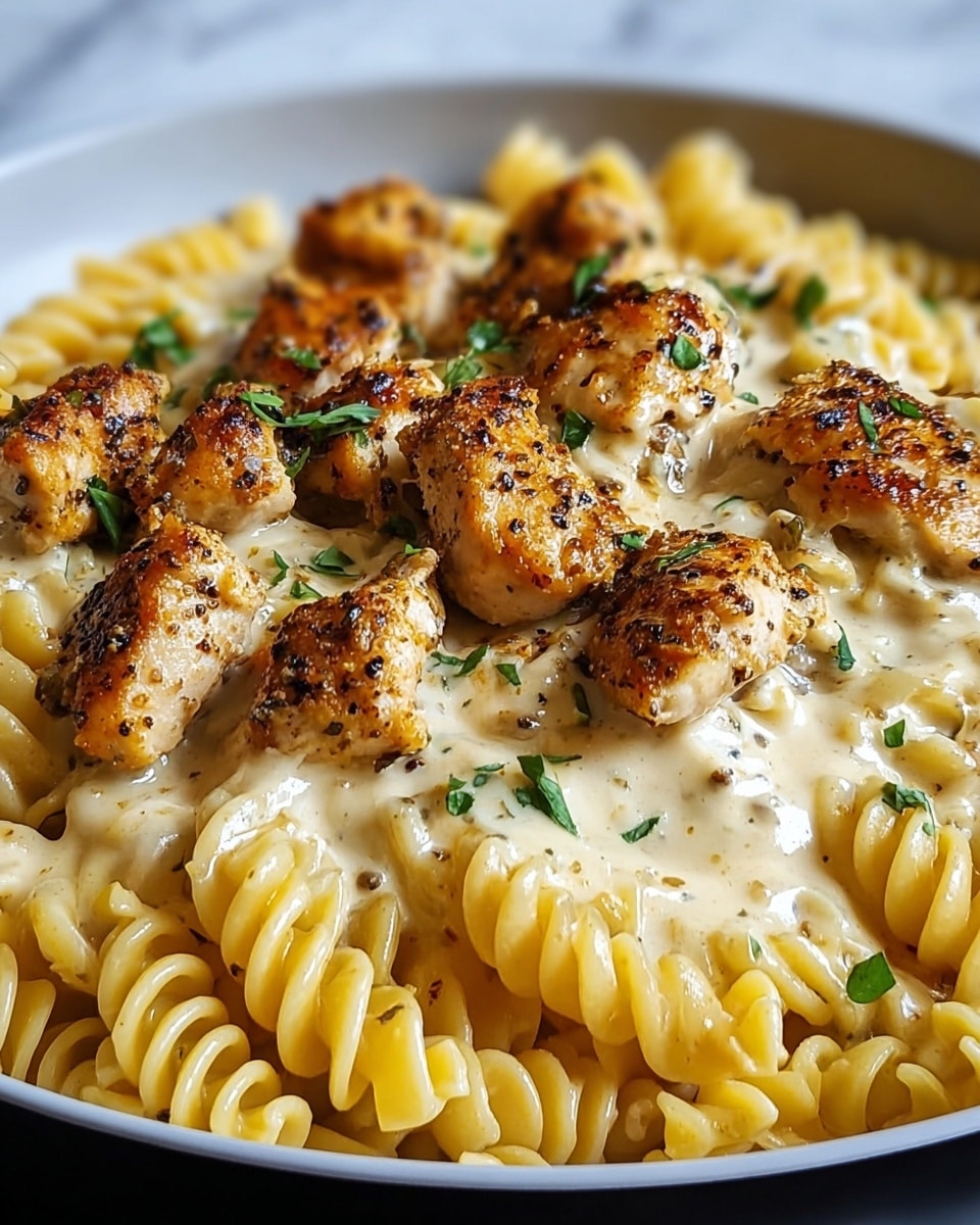 This image shows a close-up of a creamy pasta dish in a white bowl. The base layer is made up of light yellow spiraled pasta, coated in a smooth, creamy white sauce. On top of the pasta, there are several browned and seasoned chicken pieces with a golden crust and specks of black pepper. Small green herb leaves are scattered across the dish for a fresh touch. The bowl sits on a white marbled surface, enhancing the warm colors of the food. photo taken with an iphone --ar 4:5 --v 7