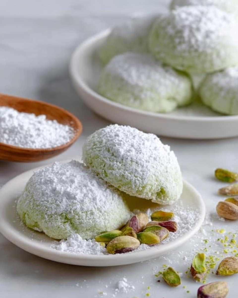 The image shows three light green cookies with a soft, powdery texture placed on a white plate in the foreground. Each cookie is covered with a thick layer of white powdered sugar that contrasts with the green color underneath. Nearby, there is a wooden spoon filled with extra powdered sugar and scattered pistachio nuts, some still in their shells, adding a natural touch. In the background on a white plate, there are more cookies arranged in a small pile, all matching the same light green, powdered sugar-coated look. The entire scene is set on a white marbled surface, creating a clean and fresh backdrop. Photo taken with an iphone --ar 4:5 --v 7
