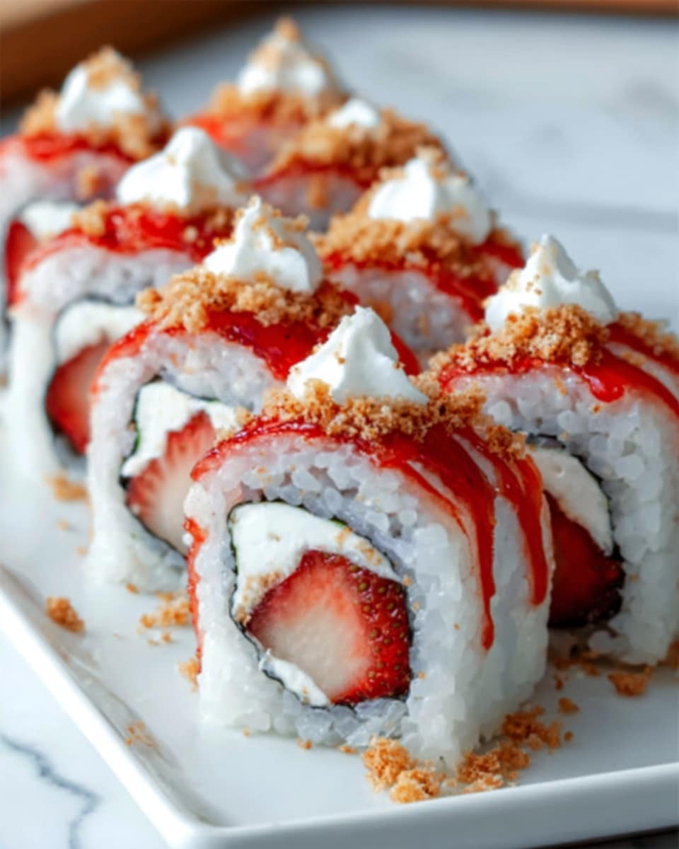 A close-up of about six sushi rolls neatly arranged in a row on a white rectangular plate placed on a white marbled surface. Each roll has a layer of white rice on the outside, wrapped tightly around seaweed and fresh red strawberry pieces visible in the center. On top of the rolls, there is a thin red sauce drizzled and small white dollops of cream or sauce, with a sprinkling of light brown crunchy crumbs. The overall look is colorful with red, white, and brown tones, holding a fresh and textured appearance. photo taken with an iphone --ar 4:5 --v 7