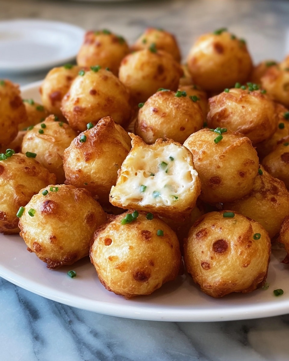 A white plate filled with many small, round golden-brown fried balls arranged in rows, each ball has a slightly crispy texture with small darker spots on the surface. One ball is cut open in the front showing a creamy white inside mixed with small green chive pieces. The balls are all topped with small sprinkles of green chive, giving a fresh pop of color to the group. The plate is set on a white marbled surface with blurred background. photo taken with an iphone --ar 4:5 --v 7