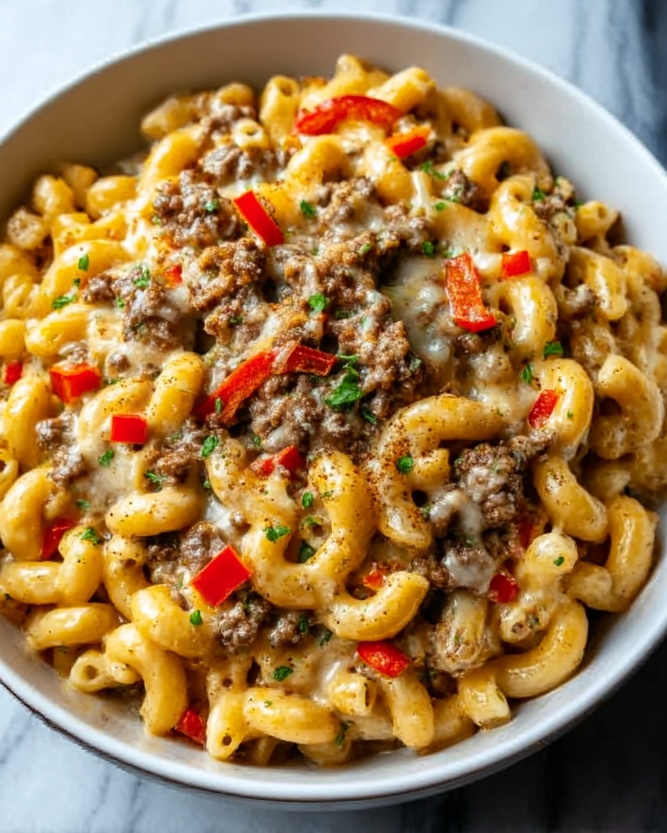 A white bowl filled with creamy macaroni pasta topped with browned ground beef and melted cheese, scattered with small pieces of red pepper and green herbs. The pasta is golden yellow and soft, with a smooth, cheesy texture. The ground beef is crumbly and cooked well, sitting on top mostly in the center. Red pepper strips are spread lightly around the edges, adding a bright contrast. Small green herb pieces are sprinkled on top for color. The bowl sits on a white marbled surface. Photo taken with an iphone --ar 4:5 --v 7
