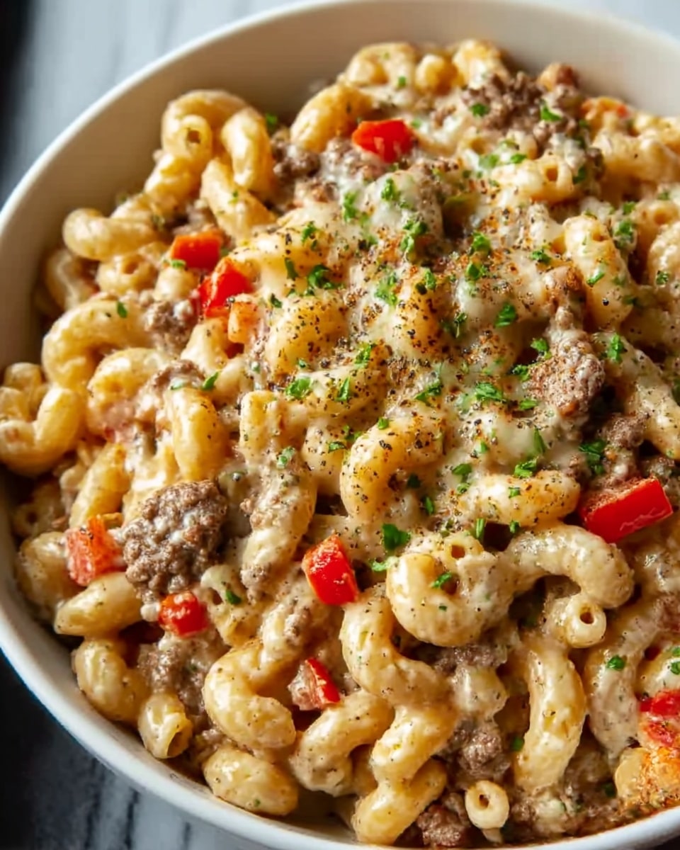 A close-up view of a white bowl filled with creamy macaroni pasta mixed with ground beef and small pieces of red bell pepper, topped with melted cheese that has a slight golden brown color and sprinkled with chopped green herbs and black pepper. The macaroni is curly and coated in a rich, cheesy sauce, creating a soft texture, while the beef adds a darker, crumbly layer that contrasts with the creamy pasta. The red pepper pieces add bright pops of color throughout the dish, all set against a white marbled surface. photo taken with an iphone --ar 4:5 --v 7