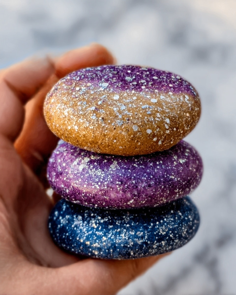 A woman's hand holds a stack of three round cookies, each with a smooth, glossy surface covered in a sparkling glitter effect. The top cookie is a mix of golden brown and purple speckled with white and silver sparkles. The middle cookie is purple with white and silver glitter, and the bottom cookie is blue, also decorated with white and silver sparkles. The cookies have a soft, slightly thick texture, and the background is a white marbled surface. Photo taken with an iphone --ar 4:5 --v 7