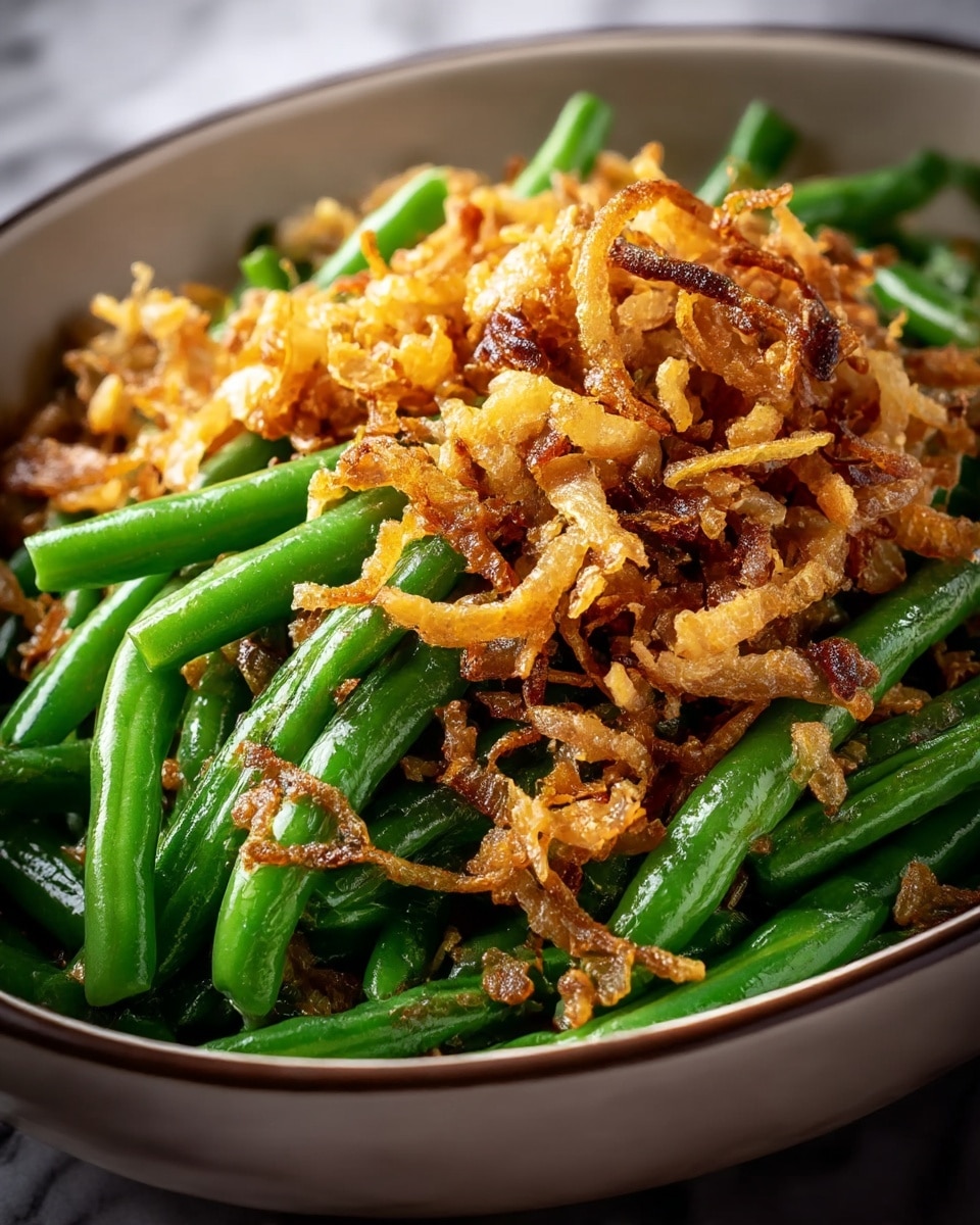 A close-up of a dish in a white bowl filled with bright green beans as the base layer, topped with a generous layer of golden brown crispy fried onions. The green beans are smooth and glossy, while the fried onions have a crunchy, slightly curly texture, adding contrast and depth. The background is a white marbled surface. photo taken with an iphone --ar 4:5 --v 7
