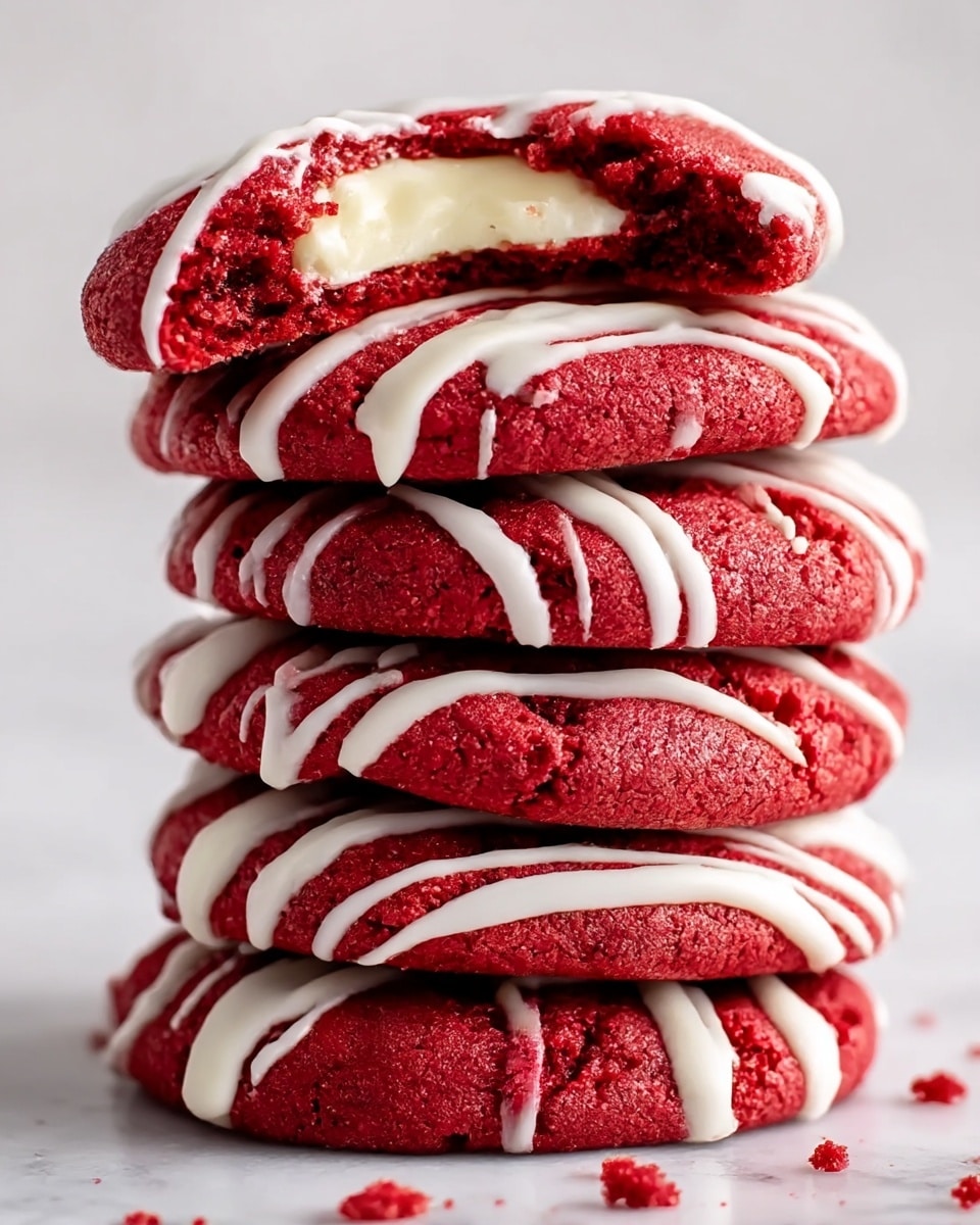 A stack of five thick red velvet cookies sits on a white marbled surface, each cookie generously drizzled with white icing in thin, uneven lines across the tops. The cookies have a soft, slightly crumbly texture with visible cracks, showing a vibrant deep red color. The top cookie is broken in half, revealing a creamy white filling inside, contrasting with the bright red outer layer. There are small crumbs scattered around the base of the stack, adding to the fresh-baked look. photo taken with an iphone --ar 4:5 --v 7