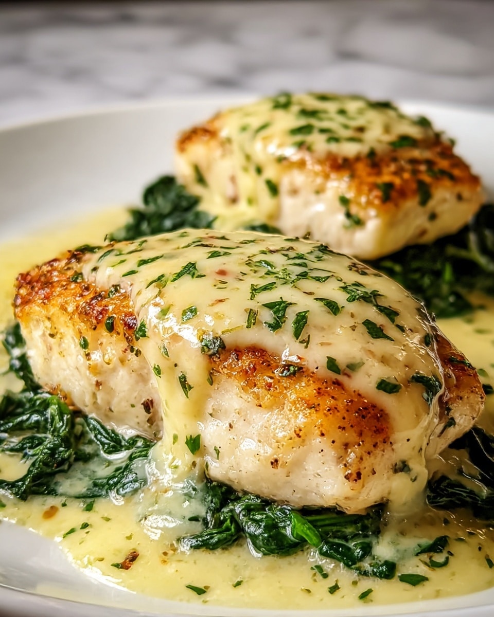 Two pieces of cooked white fish sit on a layer of creamy cooked spinach, all placed on a white plate with a white marbled texture background. Each piece of fish is topped with a thick, golden-brown melted cheese sauce that has small bits of green herbs sprinkled across the surface. The sauce flows slightly over the edges of the fish, mixing with the spinach and creamy base underneath. The fish has a lightly browned texture on the sides, showing it is pan-seared, and the cream sauce has a slightly glossy shine from the melted cheese and butter. photo taken with an iphone --ar 4:5 --v 7