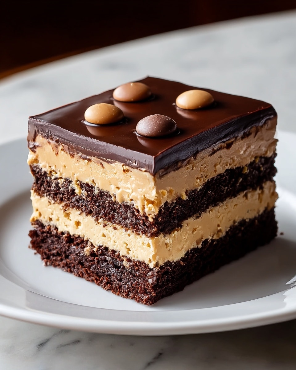 A square piece of layered cake sits on a white plate, placed on a white marbled surface. The cake has four layers: the bottom and third layers are dark, moist chocolate cake with a rich texture; between them is a thick, light brown, creamy peanut butter layer with a smooth texture; the top layer is a glossy dark chocolate ganache, shiny and smooth, decorated with a few round chocolate and peanut butter drops in the center. The edges of the chocolate ganache are slightly uneven, showing some texture. Photo taken with an iphone --ar 4:5 --v 7