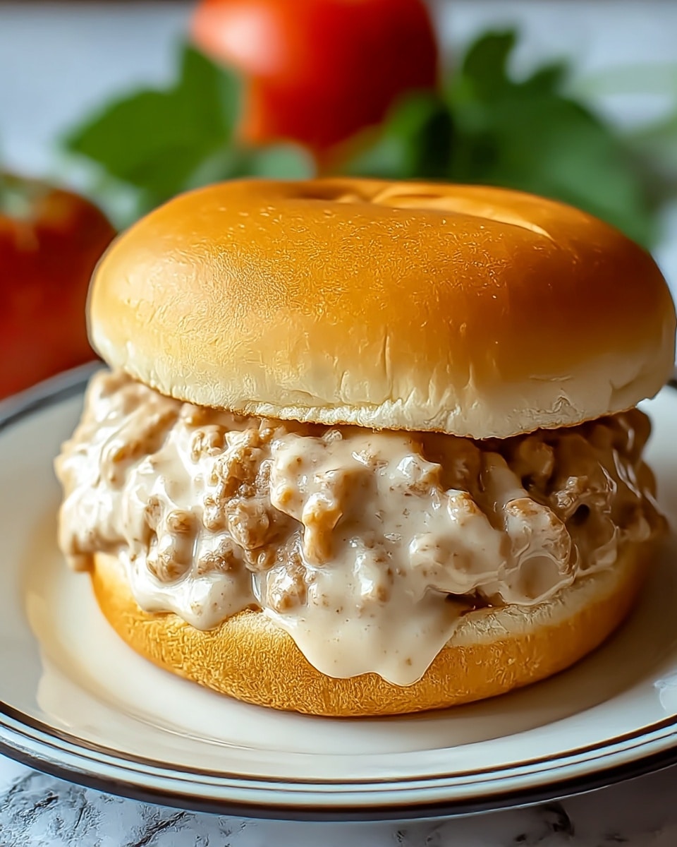 A close-up of a sandwich on a soft, golden brown bun with a smooth top layer and slight shine, filled with a thick layer of creamy ground meat gravy that is light beige with visible small chunks of cooked meat, slightly overflowing from the sides; it is placed on a white plate with a subtle dark trim around the edge, set against a white marbled texture background with blurred green leaves and a red tomato in the background. photo taken with an iphone --ar 4:5 --v 7