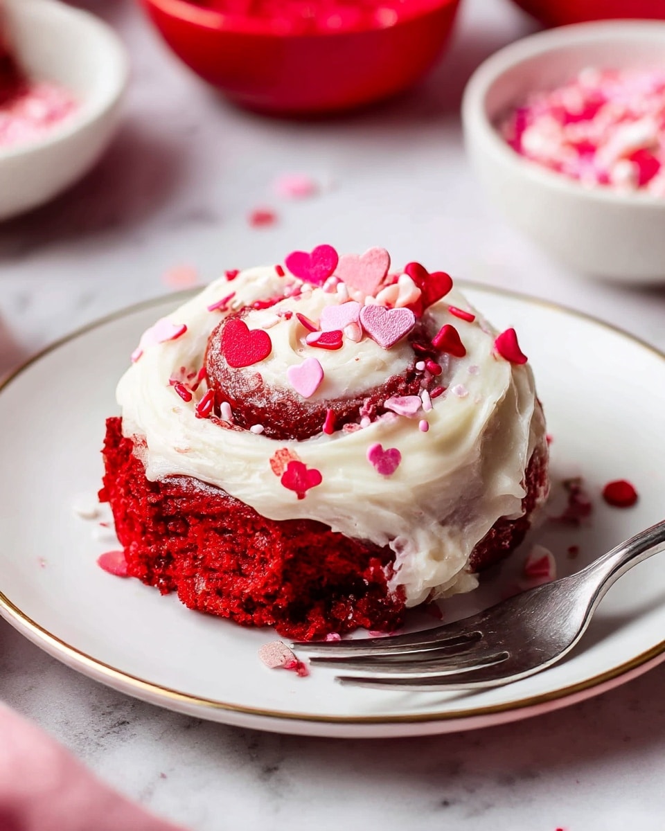 A single red velvet cinnamon roll sits on a white plate with a thin gold rim, placed on a white marbled surface. The cinnamon roll has two visible layers, the base bright red and moist, with a spiral of cream cheese icing on top that is smooth and thick. The icing is decorated with small, pink and red heart-shaped and round sprinkles scattered unevenly. To the side, there is a silver fork slightly touching the roll. The background is blurred but shows red and pink bowls filled with more sprinkles. Photo taken with an iphone --ar 4:5 --v 7