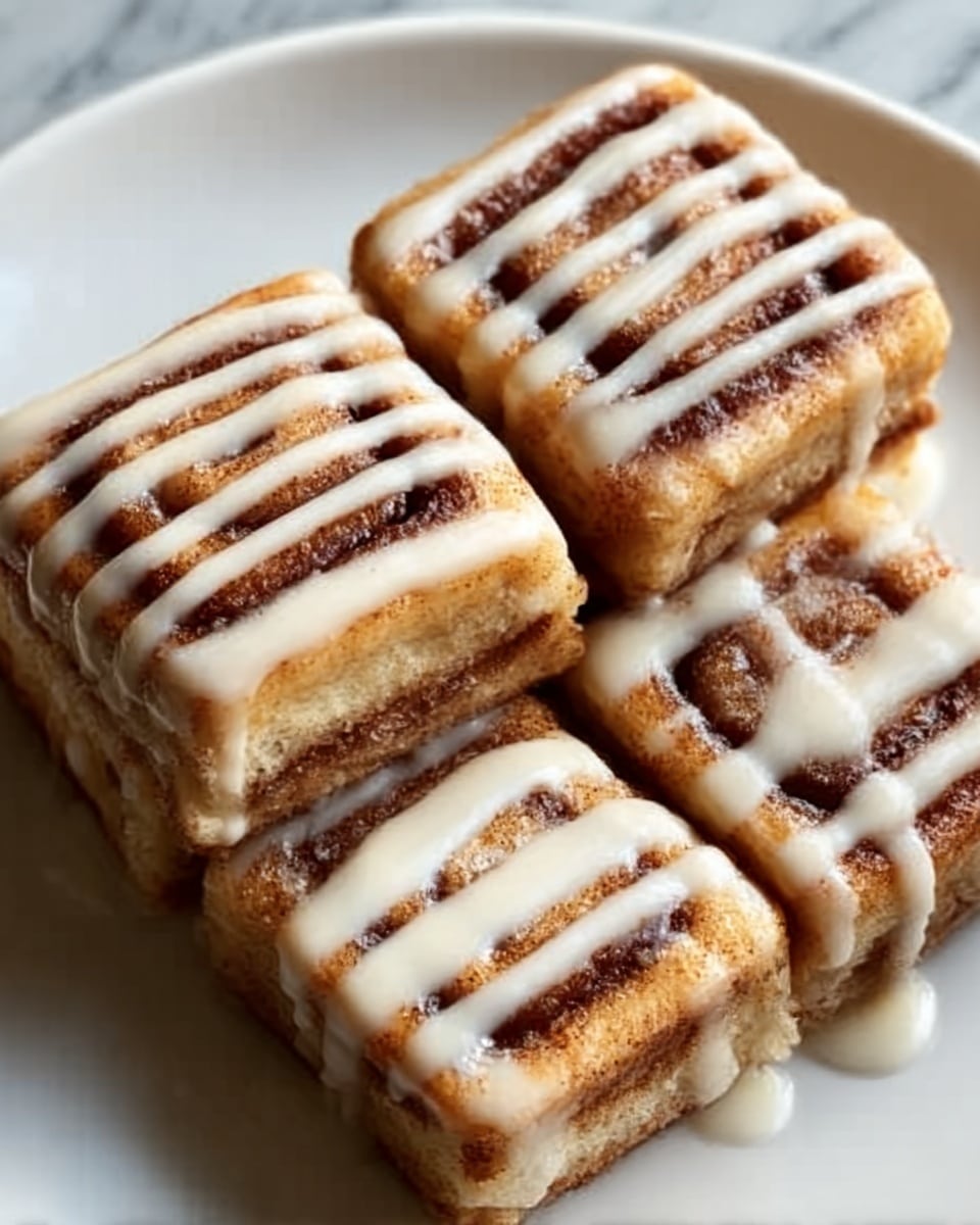 The image shows a white plate holding four square cinnamon rolls tightly placed together. Each roll has a golden-brown base layer with visible swirls of cinnamon and sugar, topped with a light, creamy white icing drizzled in neat horizontal lines. The icing appears slightly melted, with some dripping down the sides, adding a glossy texture to the soft, fluffy rolls. The white marbled surface underneath highlights the warm tones and smooth glaze of the cinnamon rolls, creating a cozy, inviting look. photo taken with an iphone --ar 4:5 --v 7